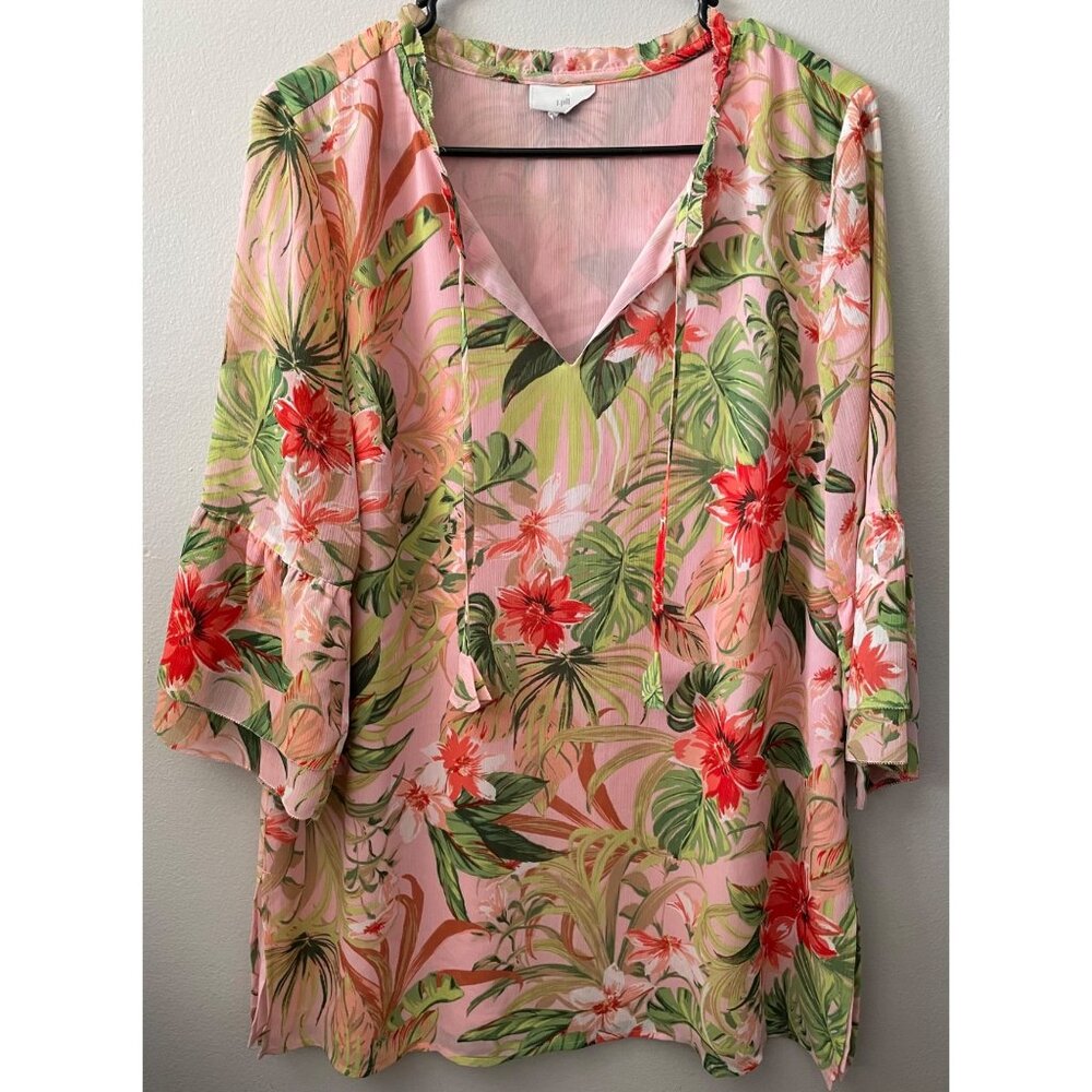 J. Jill Tropical Floral Paradise 🌺 Pink Semi-Sheer Tunic Blouse – Size Est. L